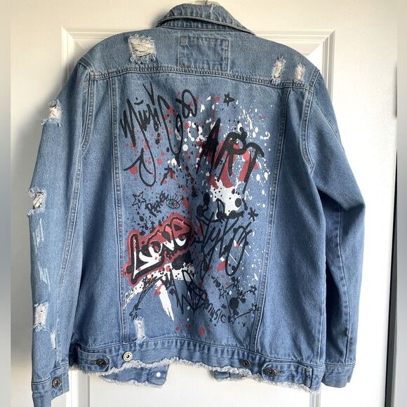 The Style Between Us -Distressed graphic Jean Denim Jacket Punk Y2K fashion - Picture 2 of 12
